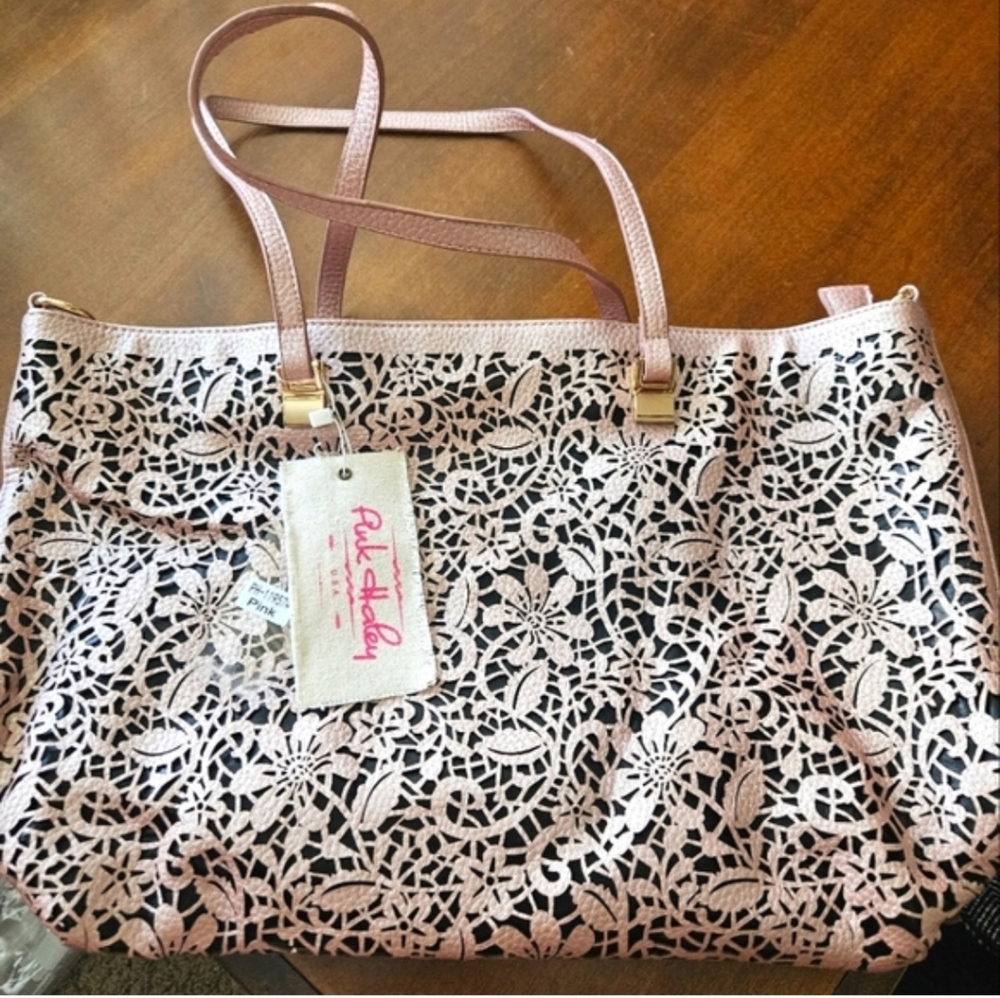 Pink Haley Lace Overlay Tote Bag - Pink and Black